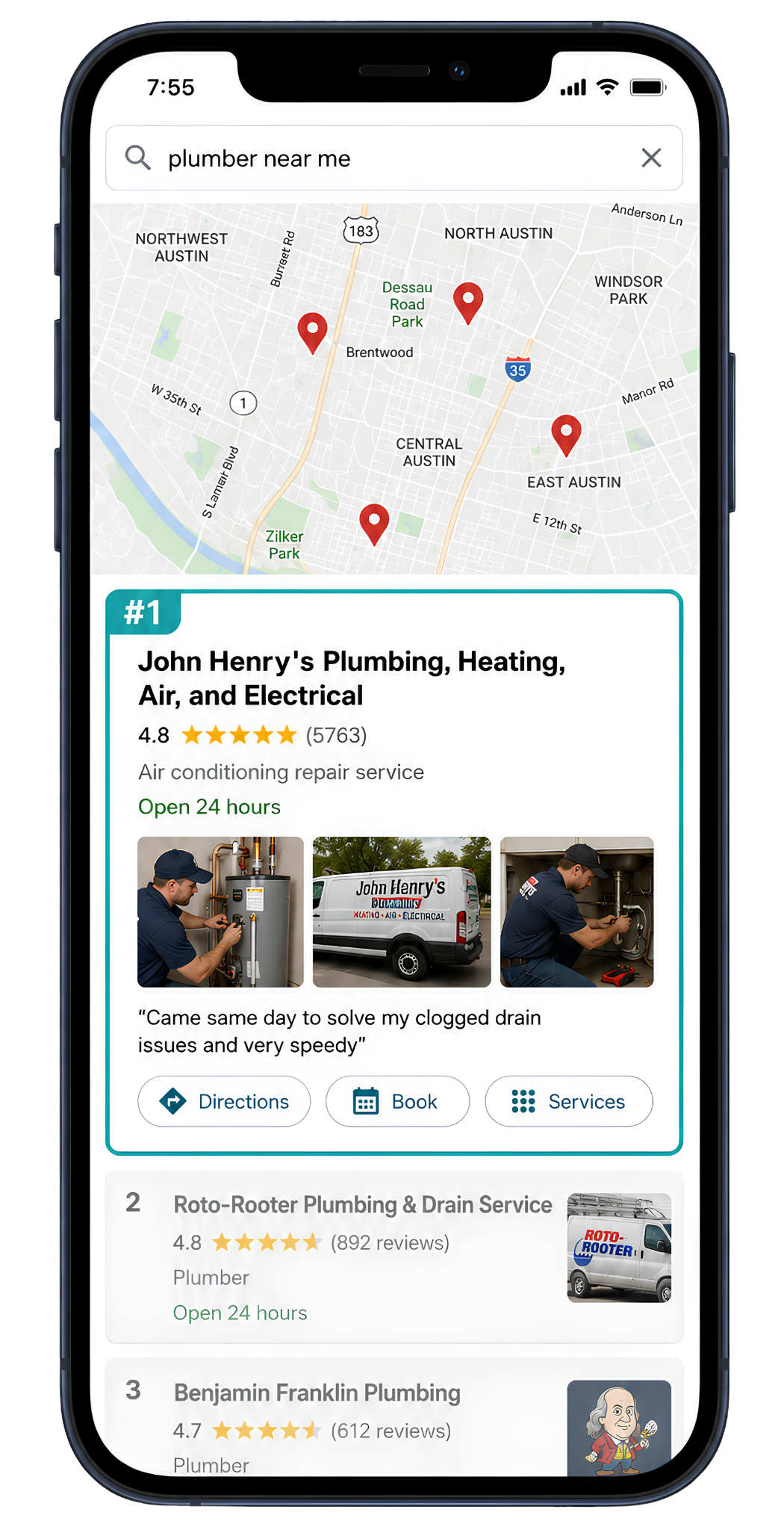 Google Business Profile showing top-ranked local contractor in Google Maps search results